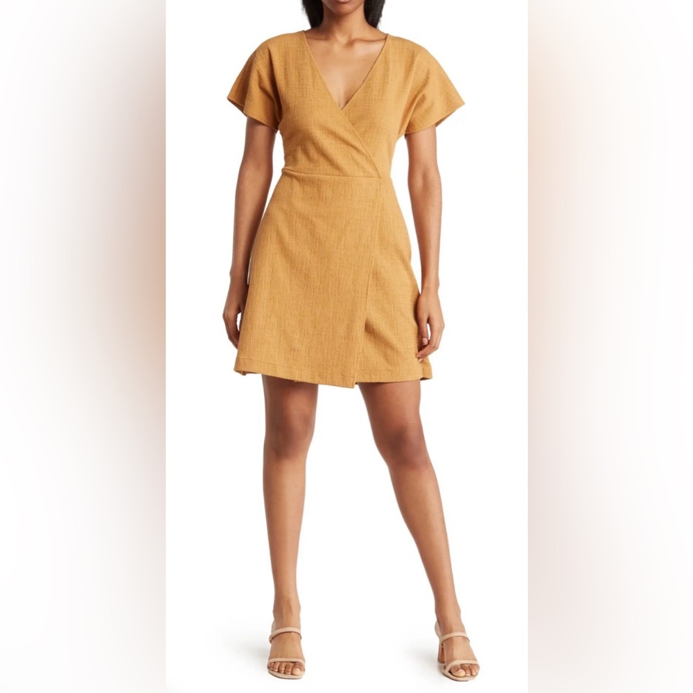 Madewell Cross-Front Flutter-Sleeve Mini Dress in Toffee